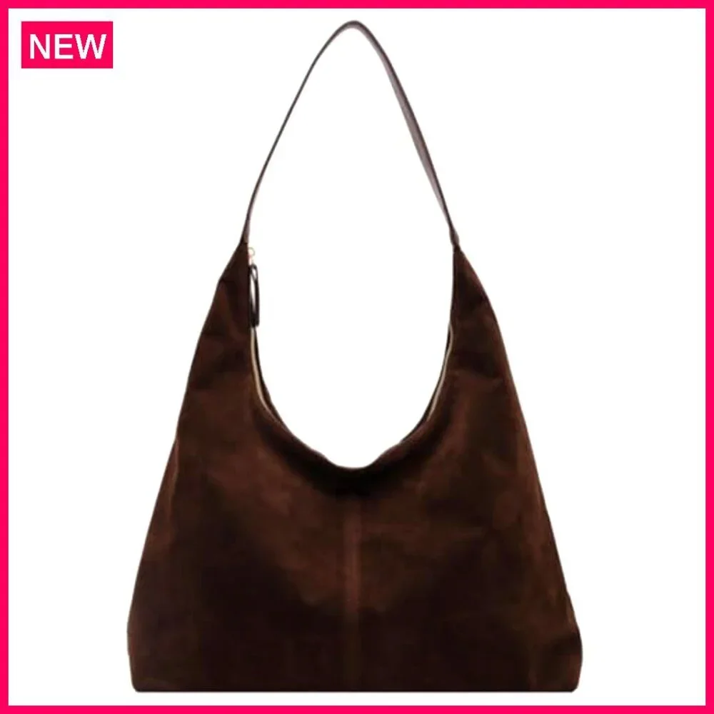 Large Faux Suede Shoulder Tote Bag, Zipper Closure, Lightweight Travel Work - Picture 2 of 8
